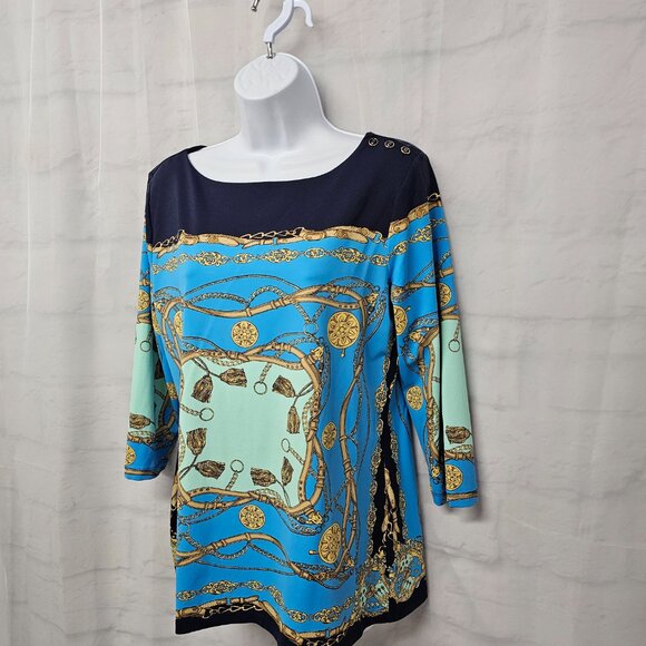 Charter Club Blouse Blue Black Equestrian Preppy Casual M - Picture 6 of 13